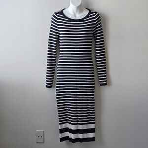 Tommy Hilfiger Striped Rib Knit Midi Dress S Nautical Button Shoulder Bodycon